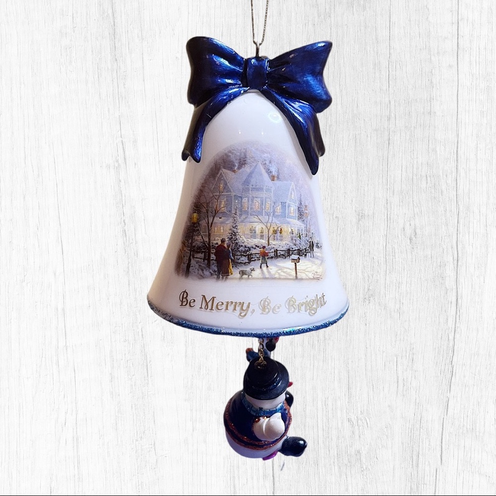 Thomas Kinkade bell ornament Be merry Be bright with snowman 1998